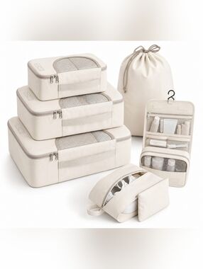 8Pc Travel Packing Cubes Set Beige Luggage Organizer Bags Large Medium Small New